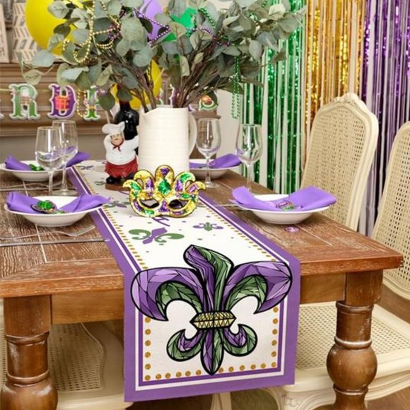 Mardi Gras Table Runner Fleur De Lis Party Decor Cottage Dining Decorative Cloth - Picture 2 of 8